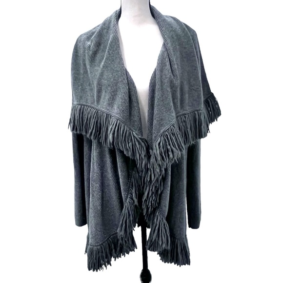 CATHERINE MALANDRINO GRAY WOOL & CASHMERE RIBBED KNIT OPEN CARDIGAN WITH FRINGE - Picture 3 of 13